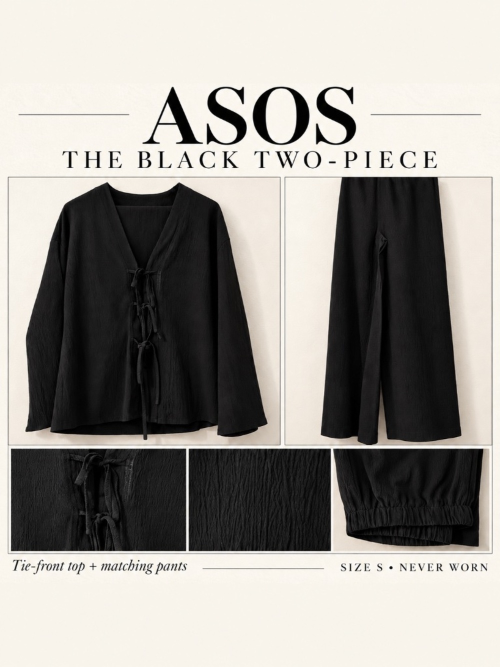 ASOS Black Textured Tie-Front Top & Pants Set